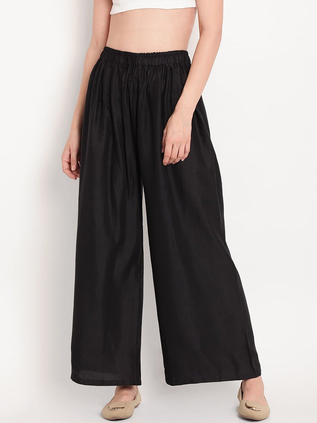 TAG 7 Women Black Solid Flared Palazzos