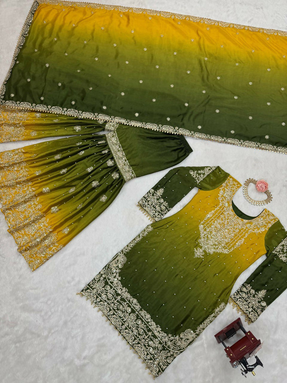 The52 Women's Beautiful Chinon silk Fabric Embroidery Work Straight Kurta Palazzo and Dupatta Set - Distacart