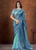 Blue Banarsi Crush Silk Embroidered Saree with stitched Blouse - Mohmanthan Saha Saki
