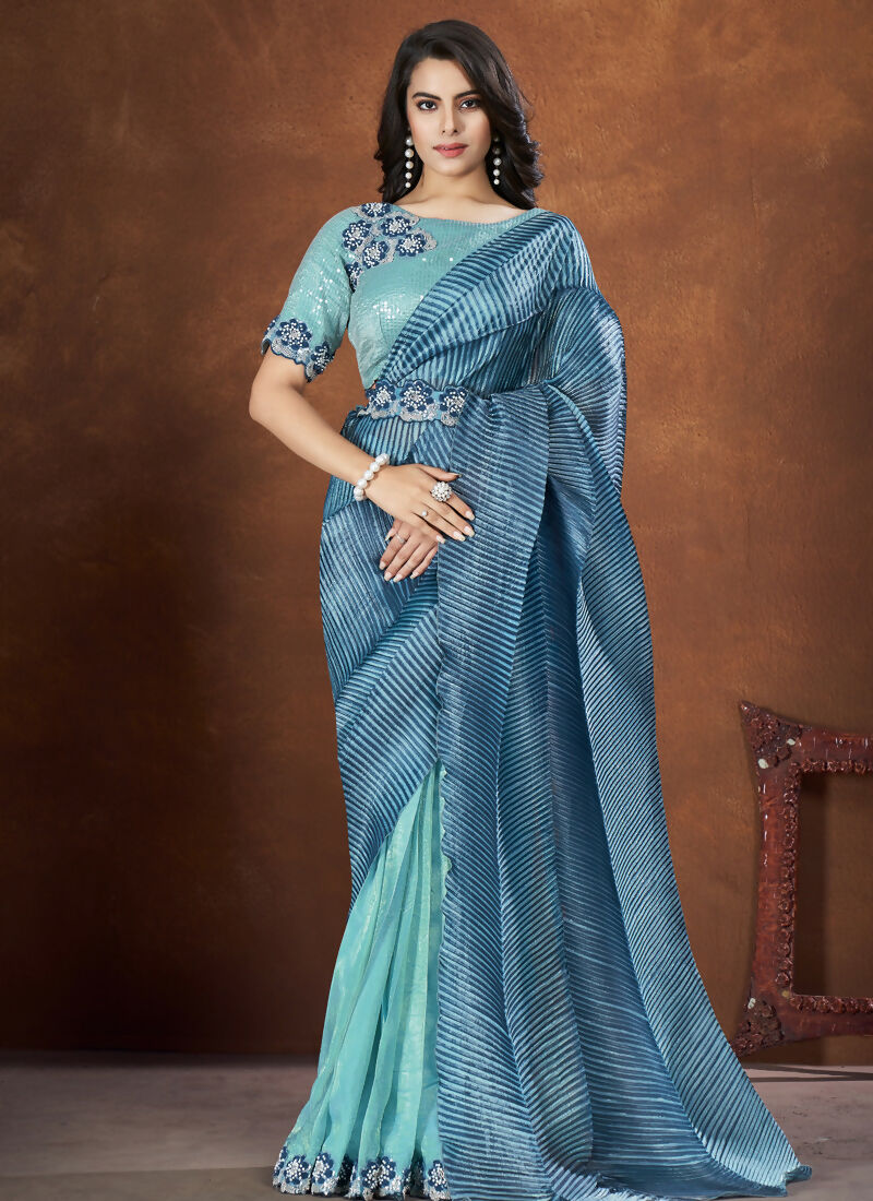 Blue Banarsi Crush Silk Embroidered Saree with stitched Blouse - Mohmanthan Saha Saki