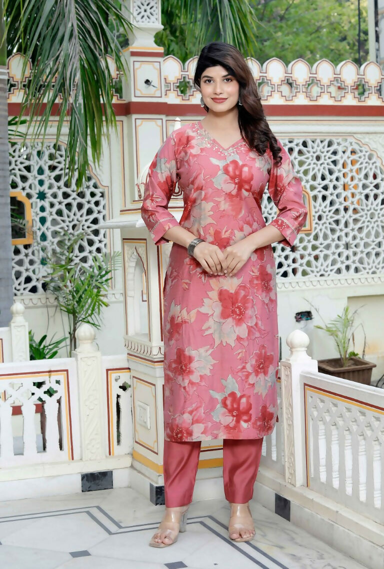 Miravan Women's Muslin Pink V-Neck Embroidered Kurta with Palazzo and Dupatta