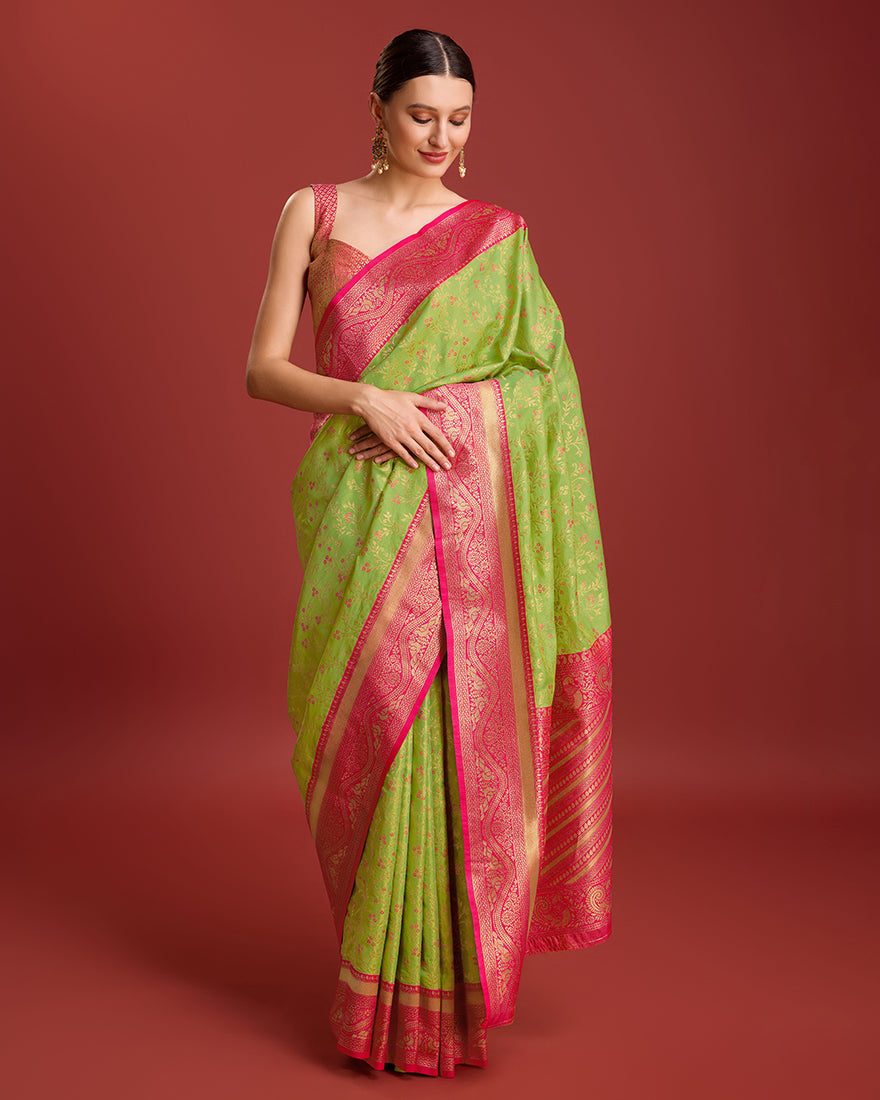 Monjolika Fashion Glamour And Tradition With This Parrot Green Color Zari Woven Banarasi Tissue Silk Saree - Distacart