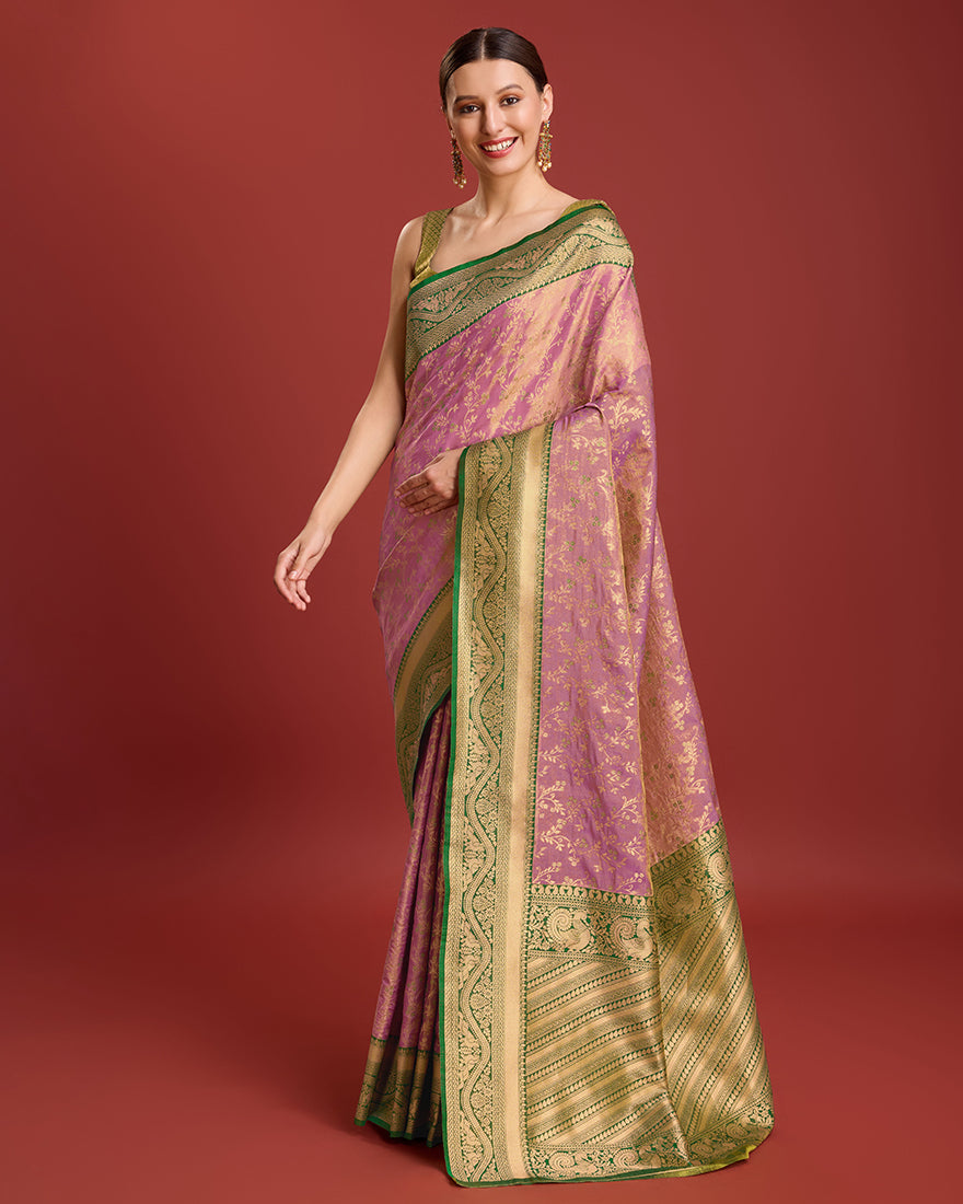 Monjolika Fashion Glamour And Tradition With This Rose Pink Color Zari Woven Banarasi Tissue Silk Saree