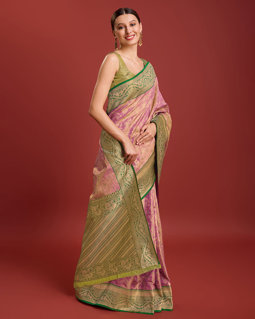 Monjolika Fashion Glamour And Tradition With This Rose Pink Color Zari Woven Banarasi Tissue Silk Saree