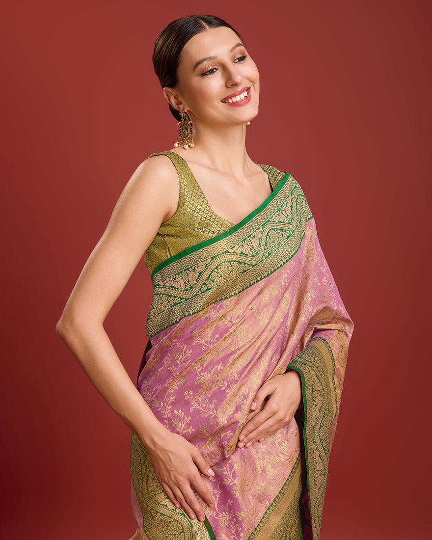 Monjolika Fashion Glamour And Tradition With This Rose Pink Color Zari Woven Banarasi Tissue Silk Saree