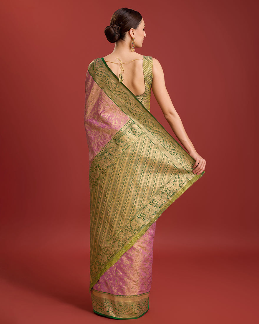 Monjolika Fashion Glamour And Tradition With This Rose Pink Color Zari Woven Banarasi Tissue Silk Saree