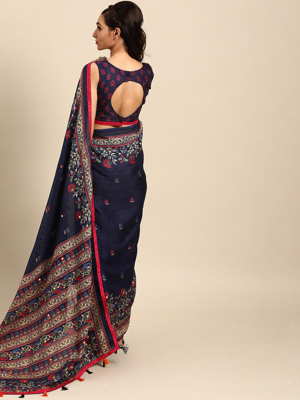 Saree Mall Navy Blue & Red Floral Jute Silk Block Print Sarees