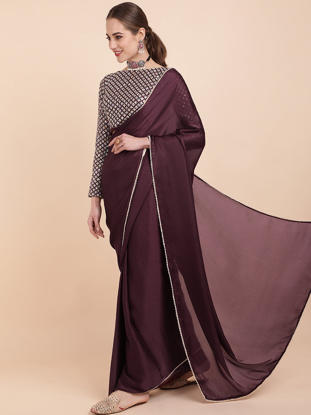 Sangria Burgundy Sequinned Satin Saree - Distacart