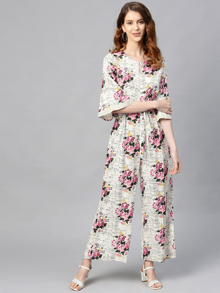 Juniper Women Offwhite Rayon Slub Printed Regular Jumpsuit