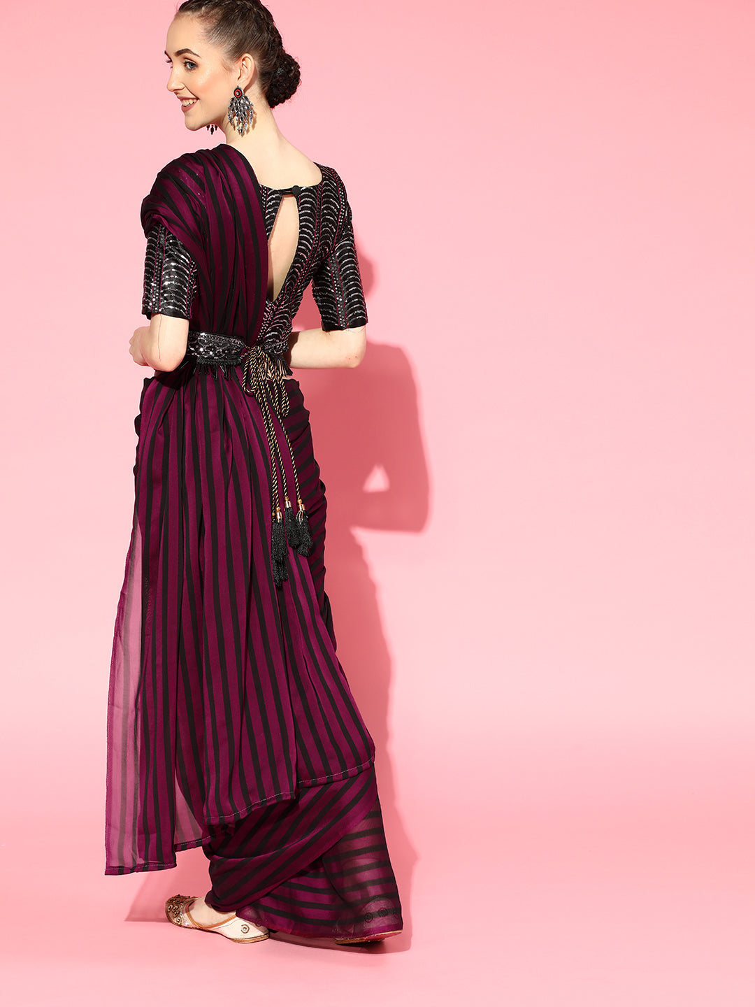 Saree Mall Burgundy Striped Poly Georgette Party Wear Saree with Matching Blouse - Distacart