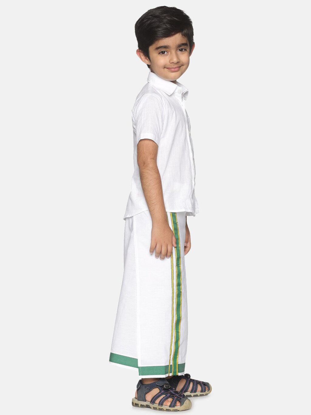 Sethukrishna Boys White & Green Pure Cotton Shirt with Dhoti