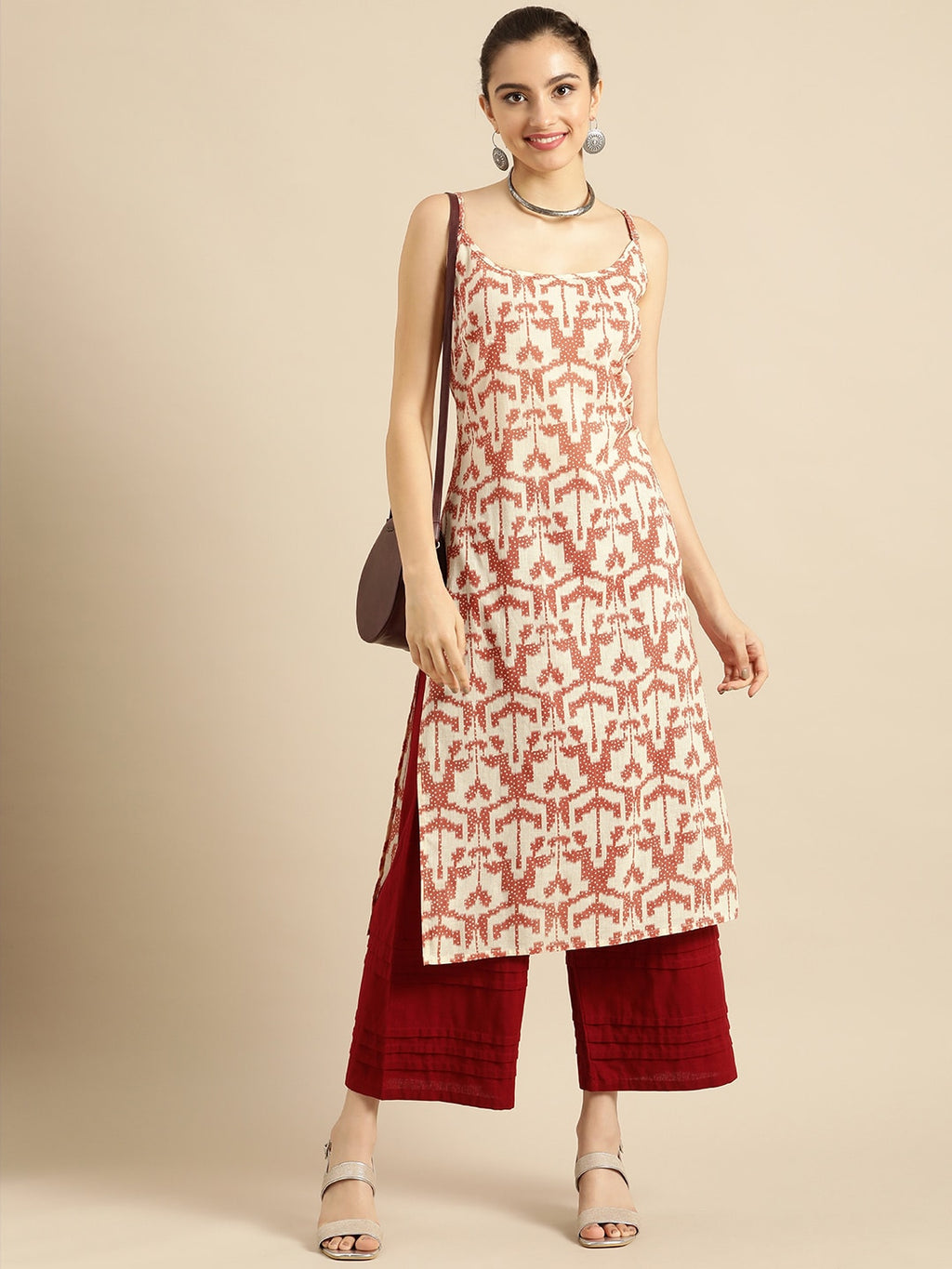 Sangria Women White & Rust Red Printed Cotton Kurta