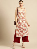 Sangria Women White & Rust Red Printed Cotton Kurta