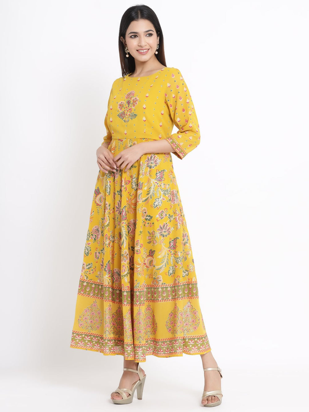 Juniper Women's Mustard Georgette Printed Flared Dress - Distacart