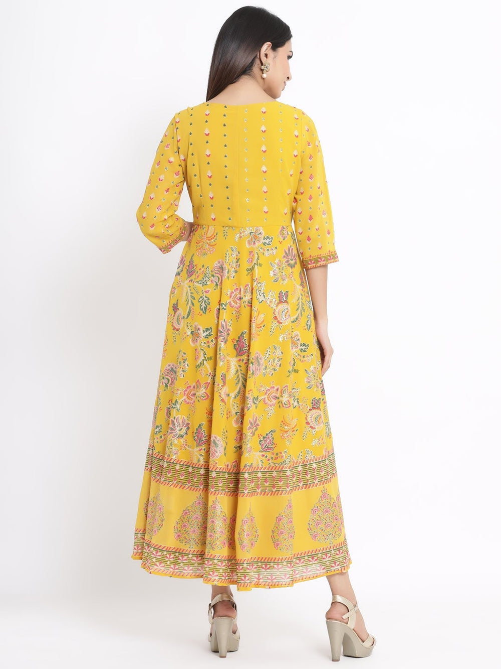 Juniper Women's Mustard Georgette Printed Flared Dress - Distacart