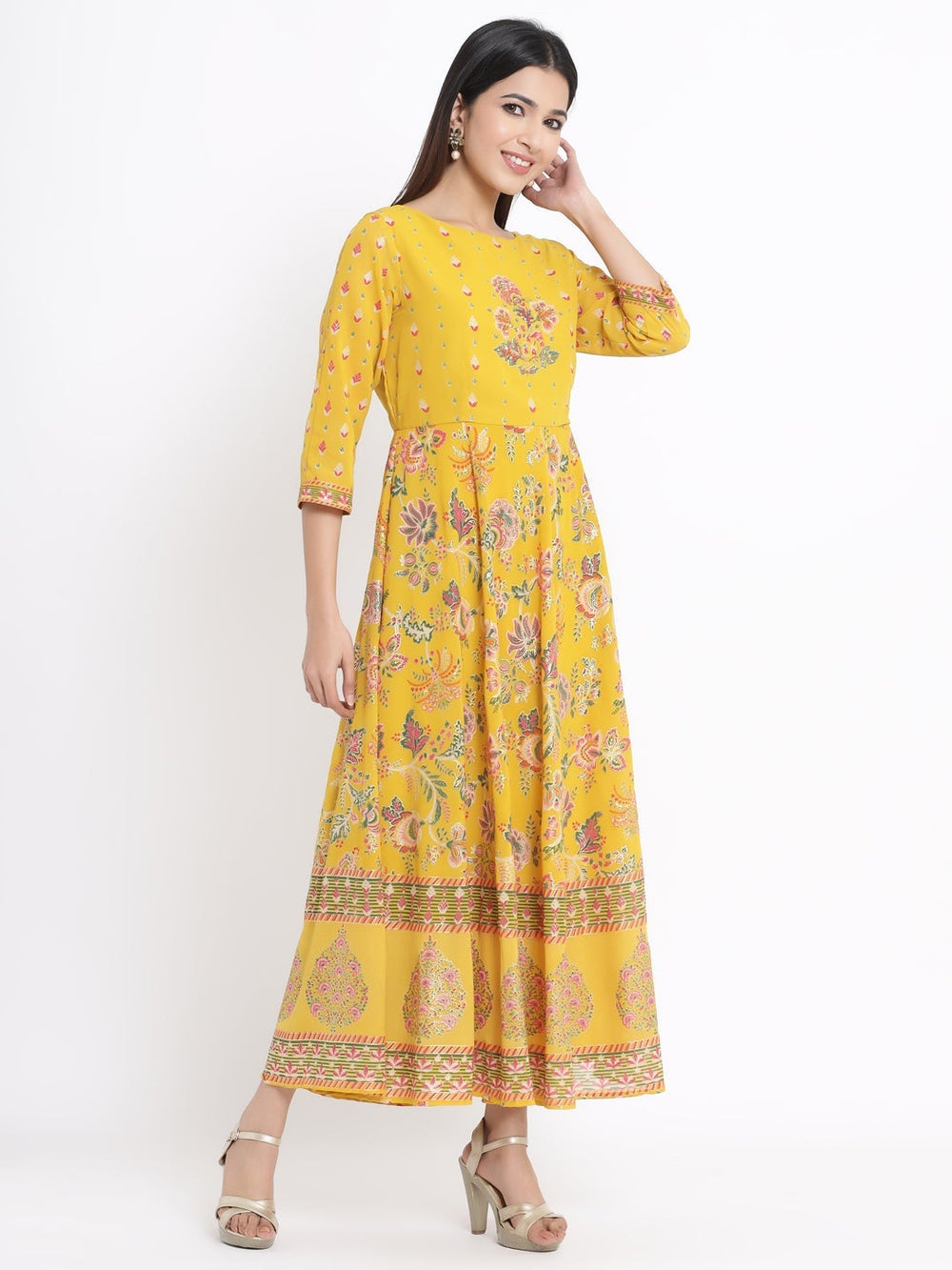 Juniper Women's Mustard Georgette Printed Flared Dress - Distacart
