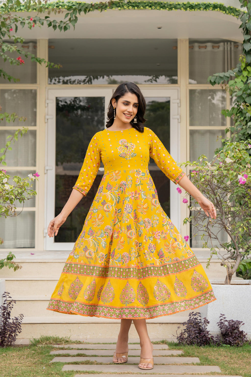Juniper Women's Mustard Floral Printed Georgette Dress With Sequins - Distacart