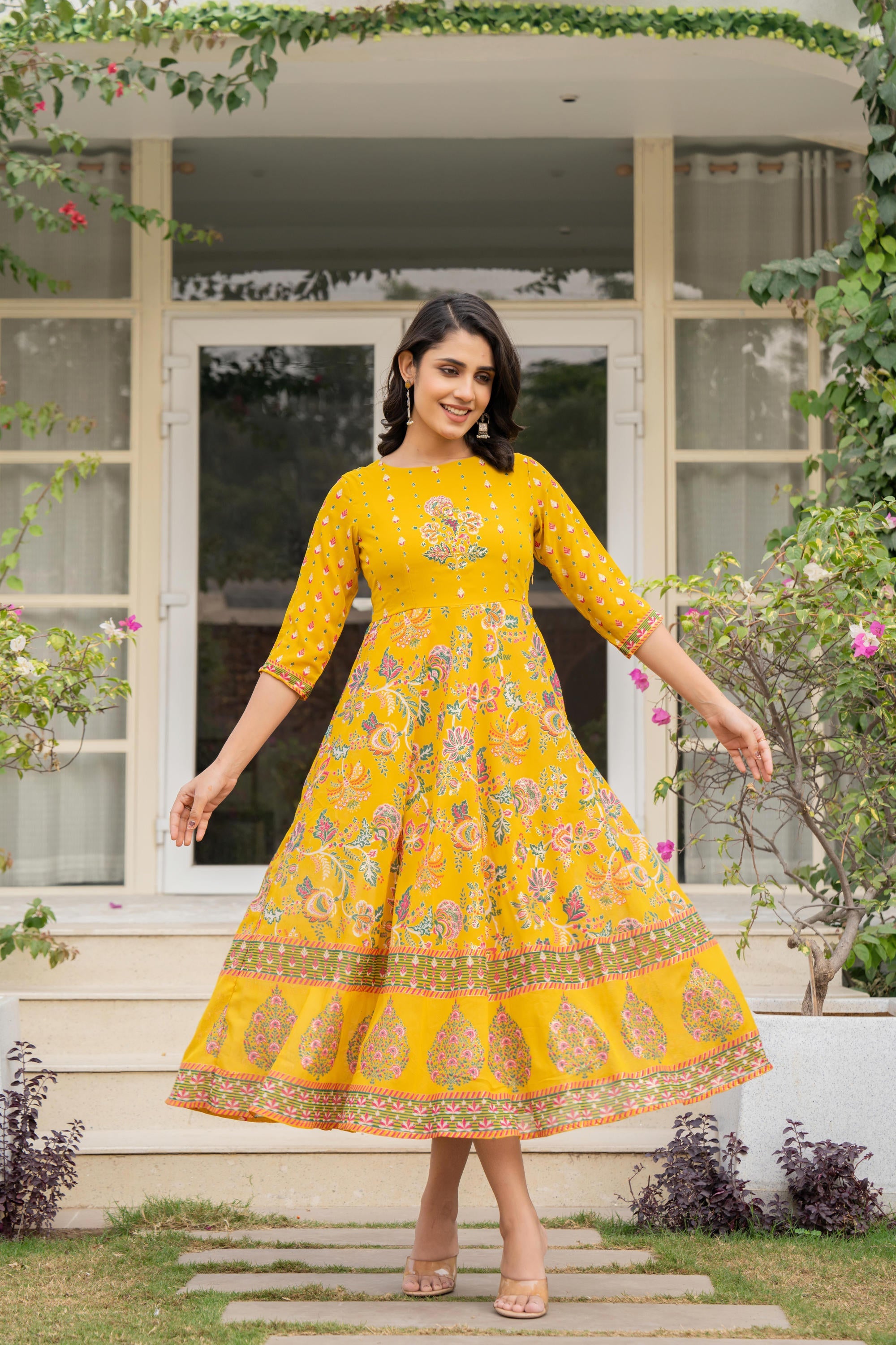 Juniper Women's Mustard Floral Printed Georgette Dress With Sequins - Distacart