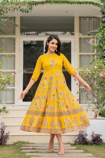 Juniper Women's Mustard Floral Printed Georgette Dress With Sequins