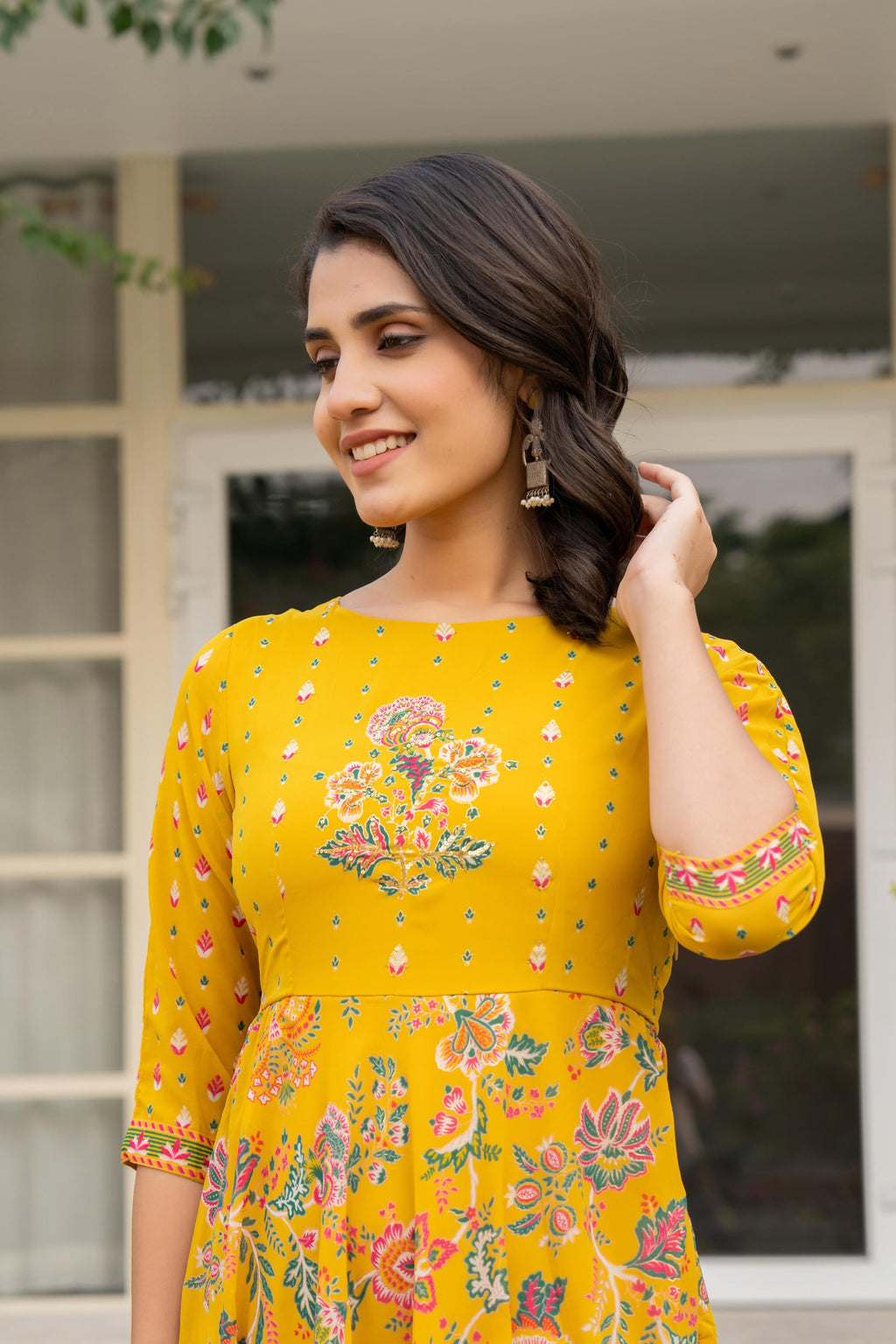 Juniper Women's Mustard Floral Printed Georgette Dress With Sequins - Distacart