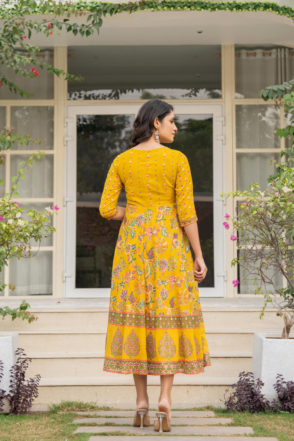 Juniper Women's Mustard Floral Printed Georgette Dress With Sequins - Distacart