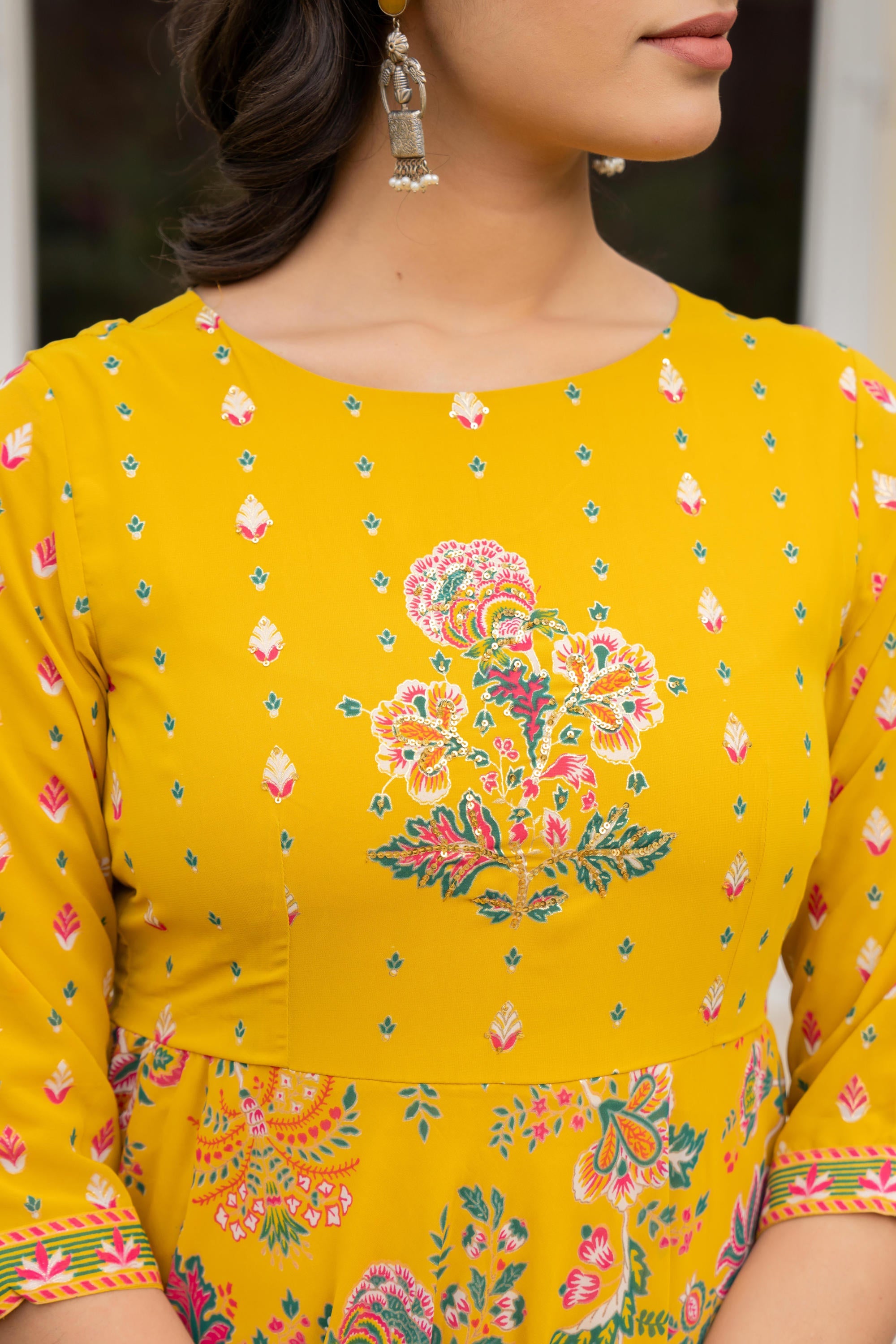 Juniper Women's Mustard Floral Printed Georgette Dress With Sequins - Distacart