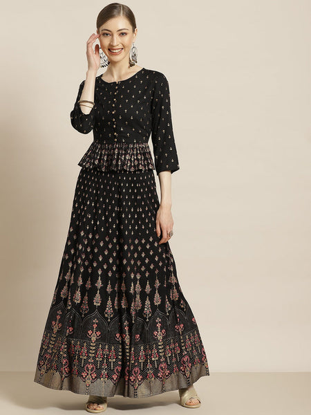 Juniper Women's Black Rayon Printed Flared Lehenga Choli Sets