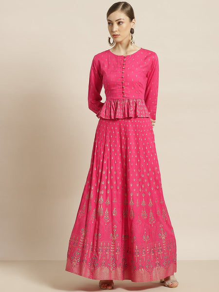 Juniper Women's Fuchsia Rayon Printed Flared Lehenga Choli Sets