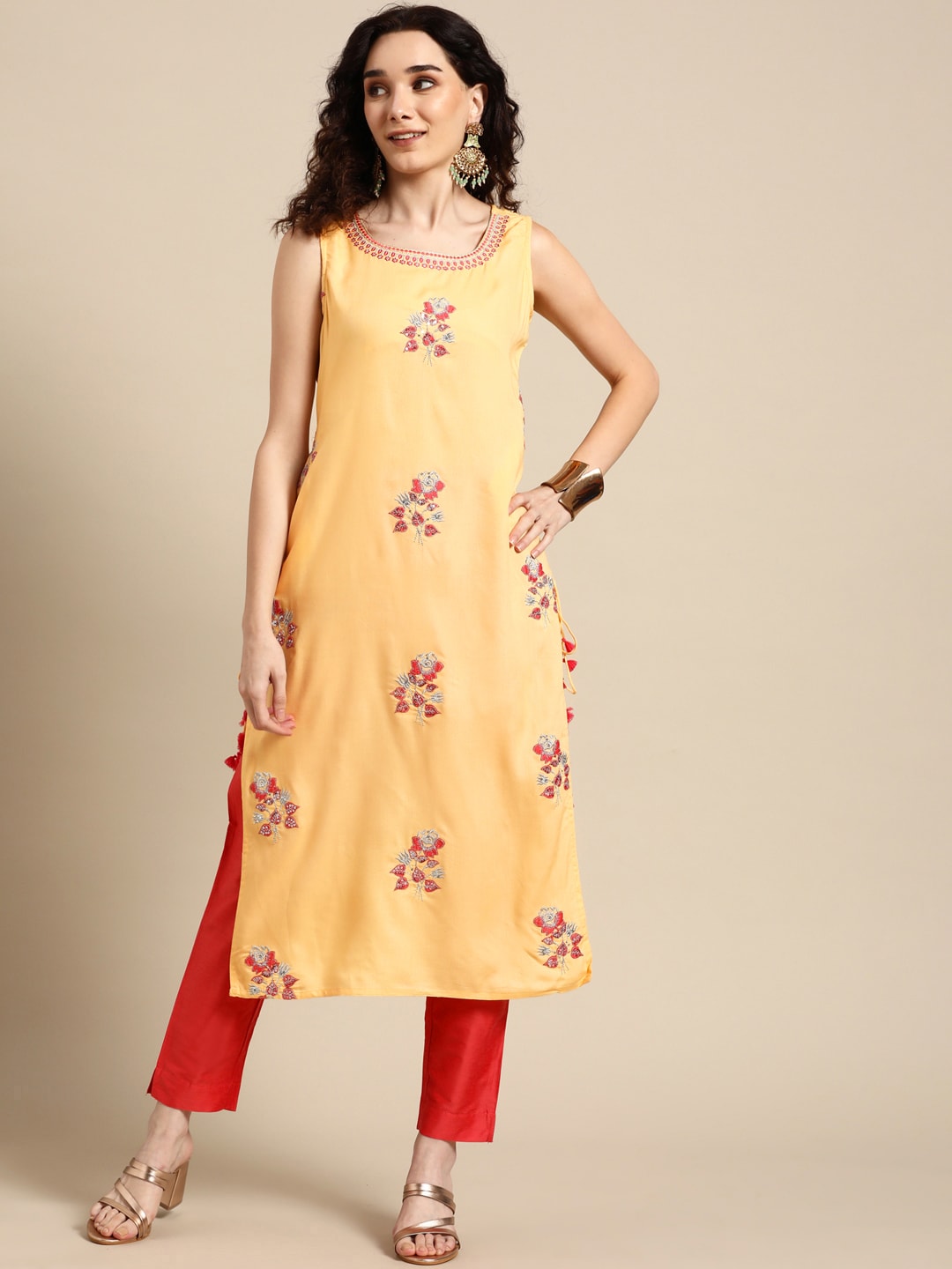 Sangria Women Yellow Floral Embroidered Sequinned Kurta with Trousers