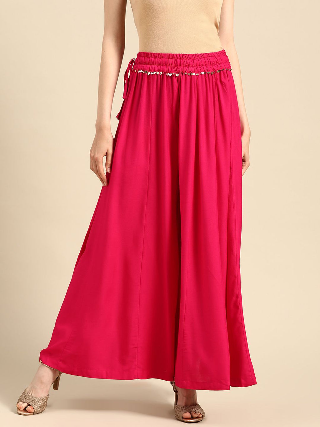 TAG 7 Women Magenta Solid Flared Palazzos