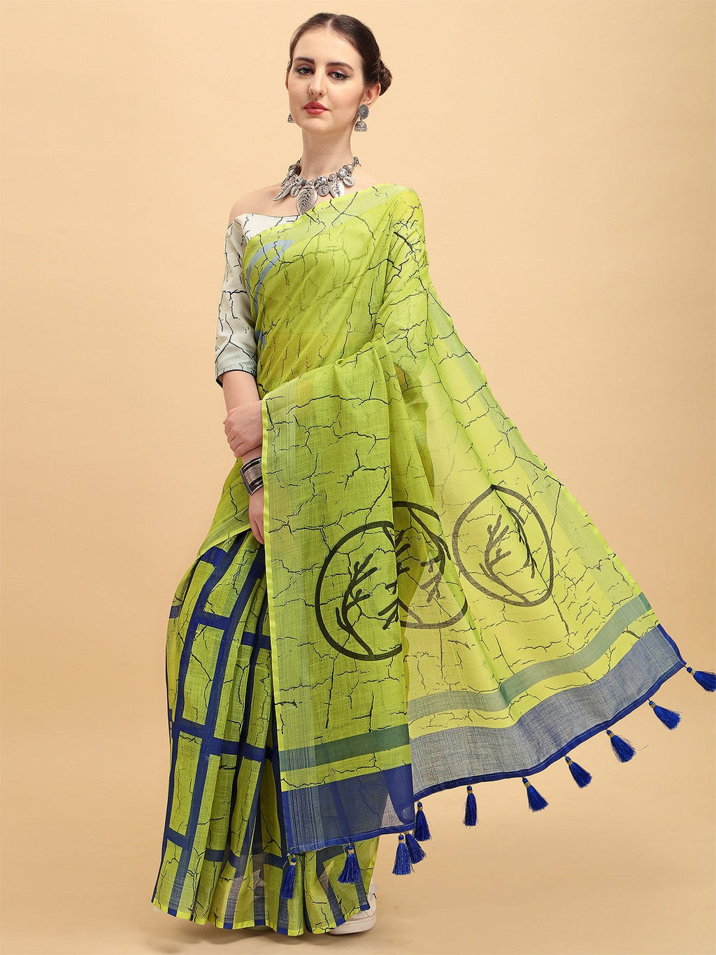 Sangria Lime Green & Grey Tie and Dye Pure Linen Saree - Distacart