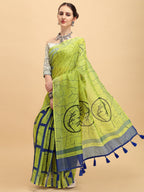 Sangria Lime Green & Grey Tie and Dye Pure Linen Saree - Distacart
