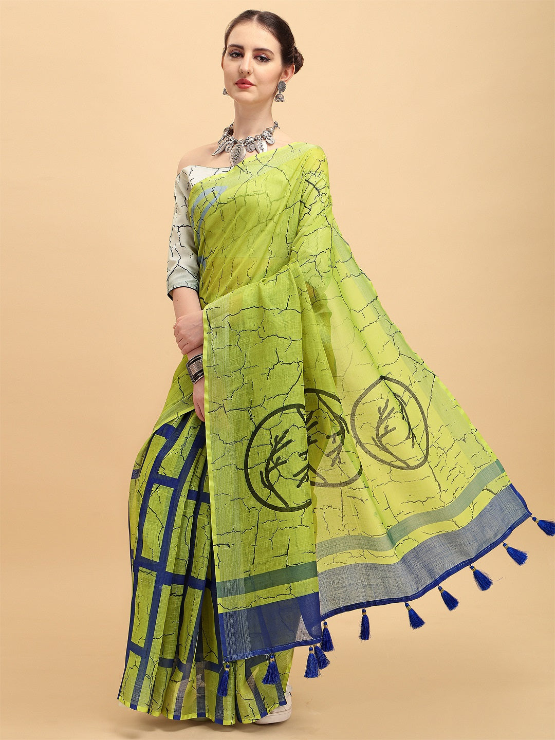 Sangria Lime Green & Grey Tie and Dye Pure Linen Saree - Distacart