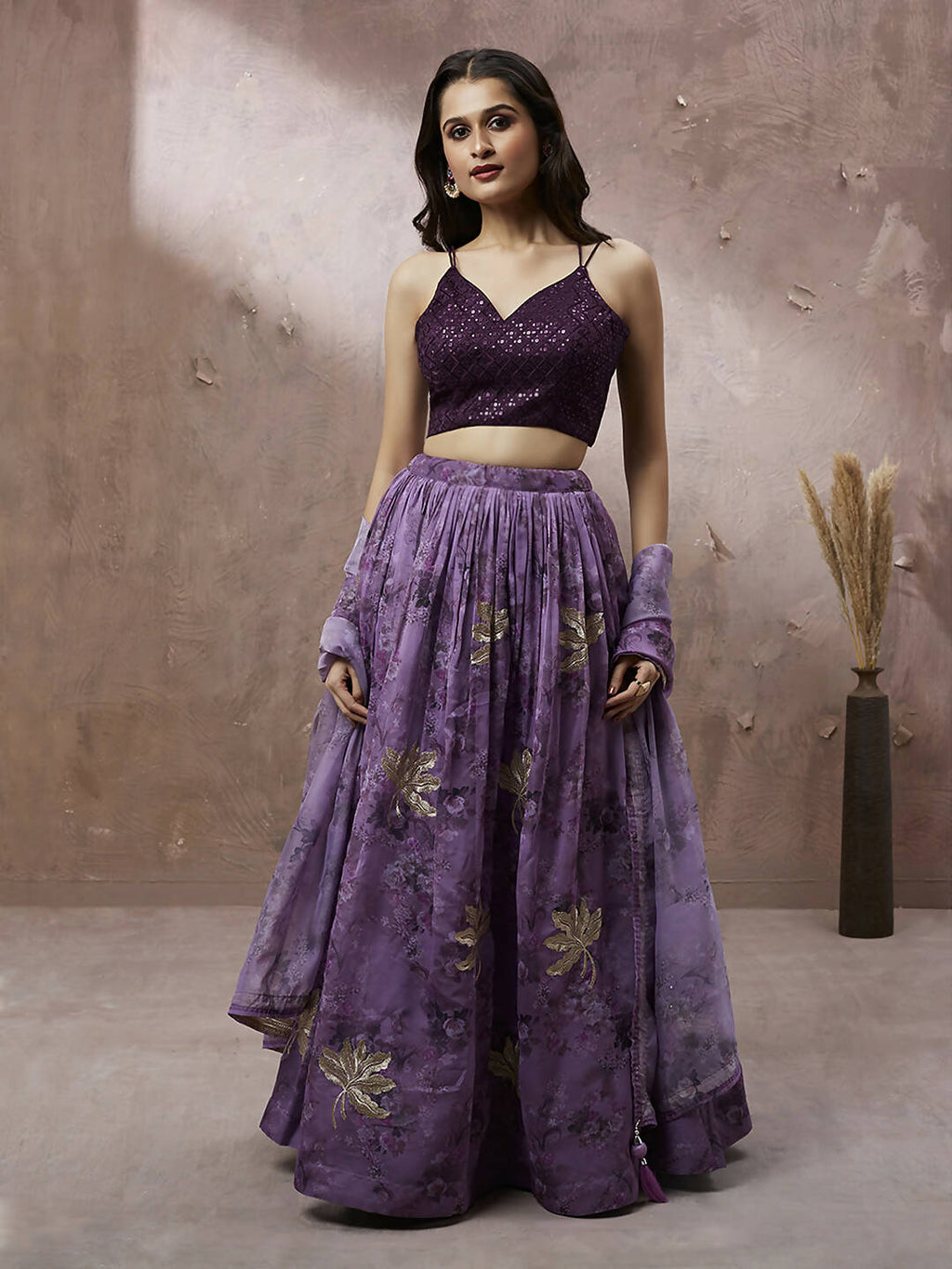 House of Panchhi Lavender Organza Floral Printed Lehenga choli & Dupatta