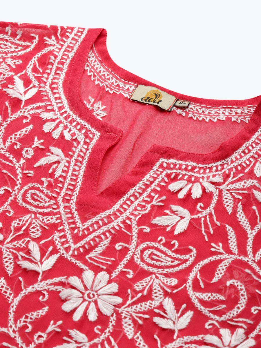ADA Women Carrot Pink & White Floral Hand Embroidered Chikankari Handloom Kurta & Matching slip