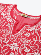 ADA Women Carrot Pink & White Floral Hand Embroidered Chikankari Handloom Kurta & Matching slip