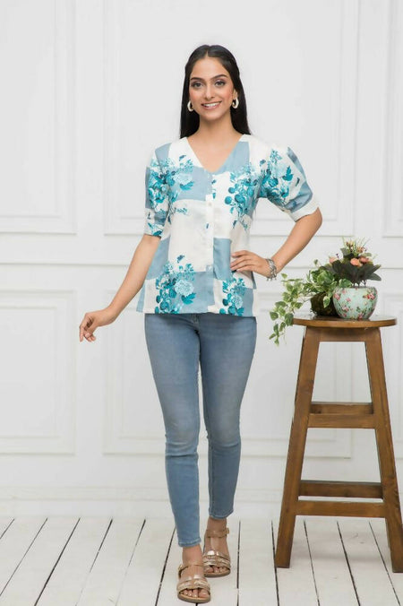 Myshka Women White Floral V-Neck Flutter Sleeves Viscose Rayon Top
