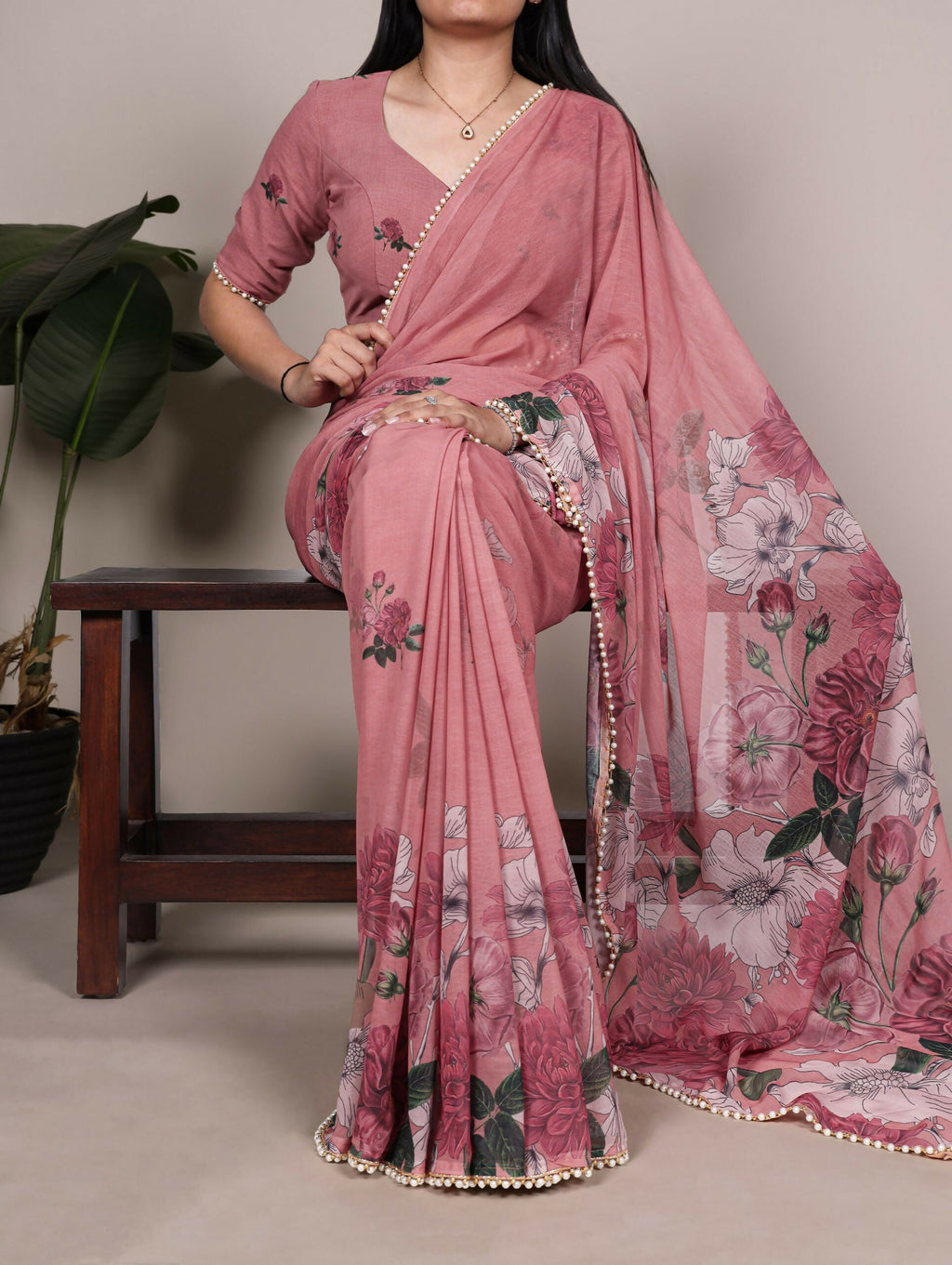 Vastranavya Peach Weightless Marble and Floral Printed Georgette Saree with Unstitched Blouse - Distacart