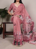 Vastranavya Peach Weightless Marble and Floral Printed Georgette Saree with Unstitched Blouse - Distacart