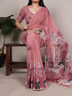 Vastranavya Peach Weightless Marble and Floral Printed Georgette Saree with Unstitched Blouse - Distacart