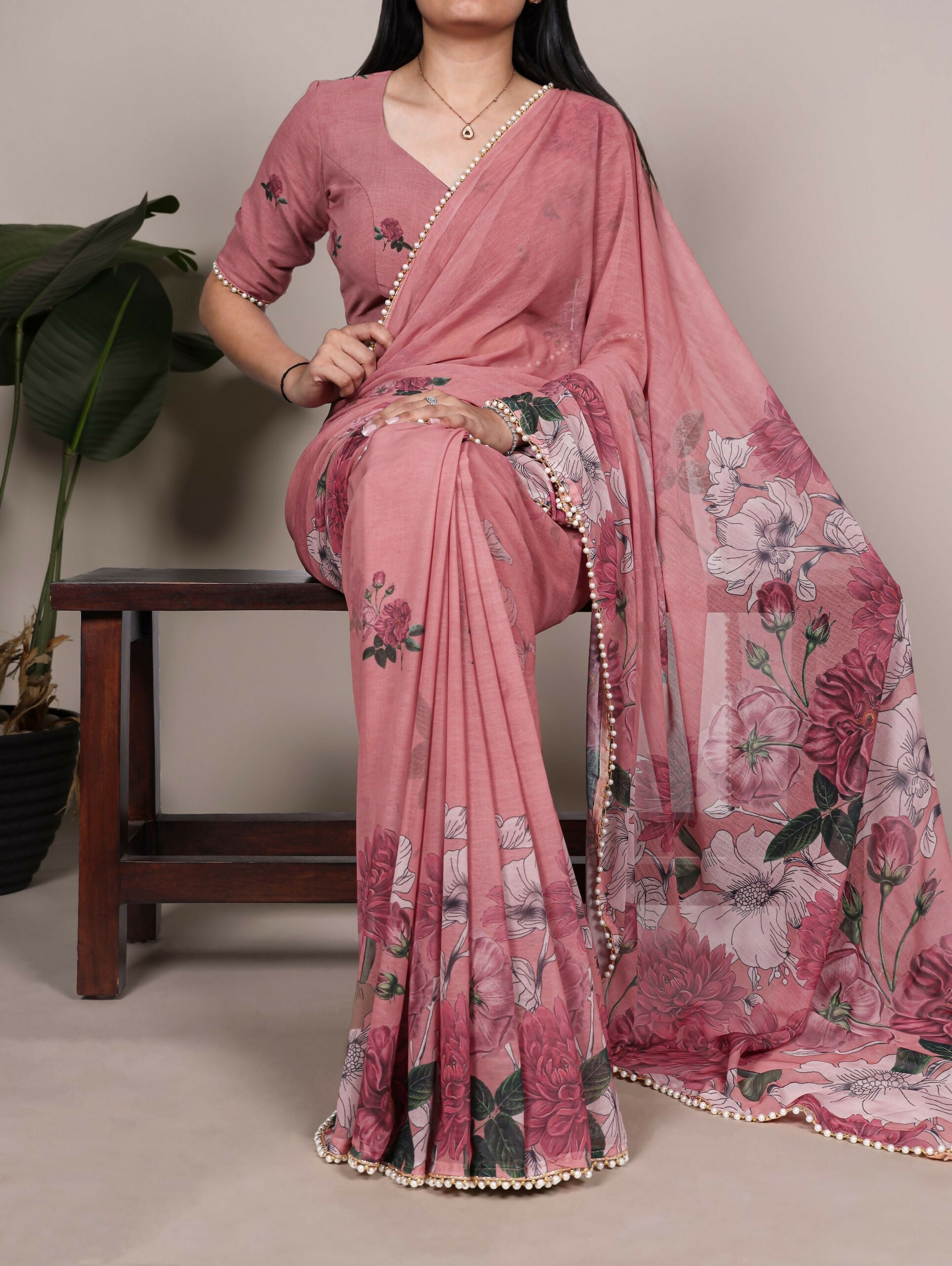 Vastranavya Peach Weightless Marble and Floral Printed Georgette Saree with Unstitched Blouse - Distacart