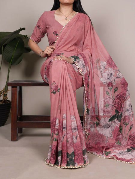 Vastranavya Peach Weightless Marble and Floral Printed Georgette Saree with Unstitched Blouse