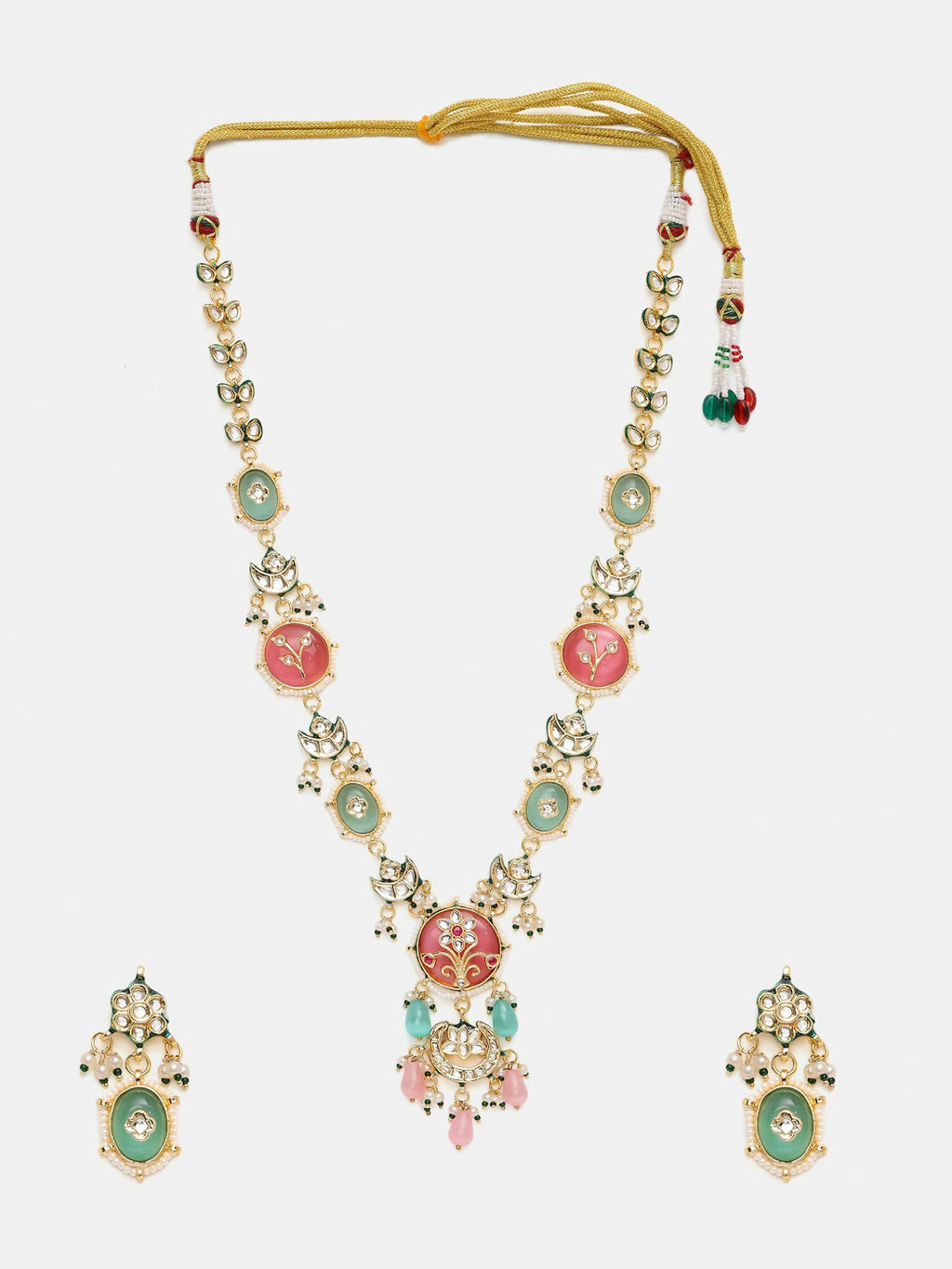 Ruby Raang Gold Polished Kundan Work Multi-Color Long Mint Stonework Necklace With Earrings