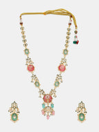 Ruby Raang Gold Polished Kundan Work Multi-Color Long Mint Stonework Necklace With Earrings