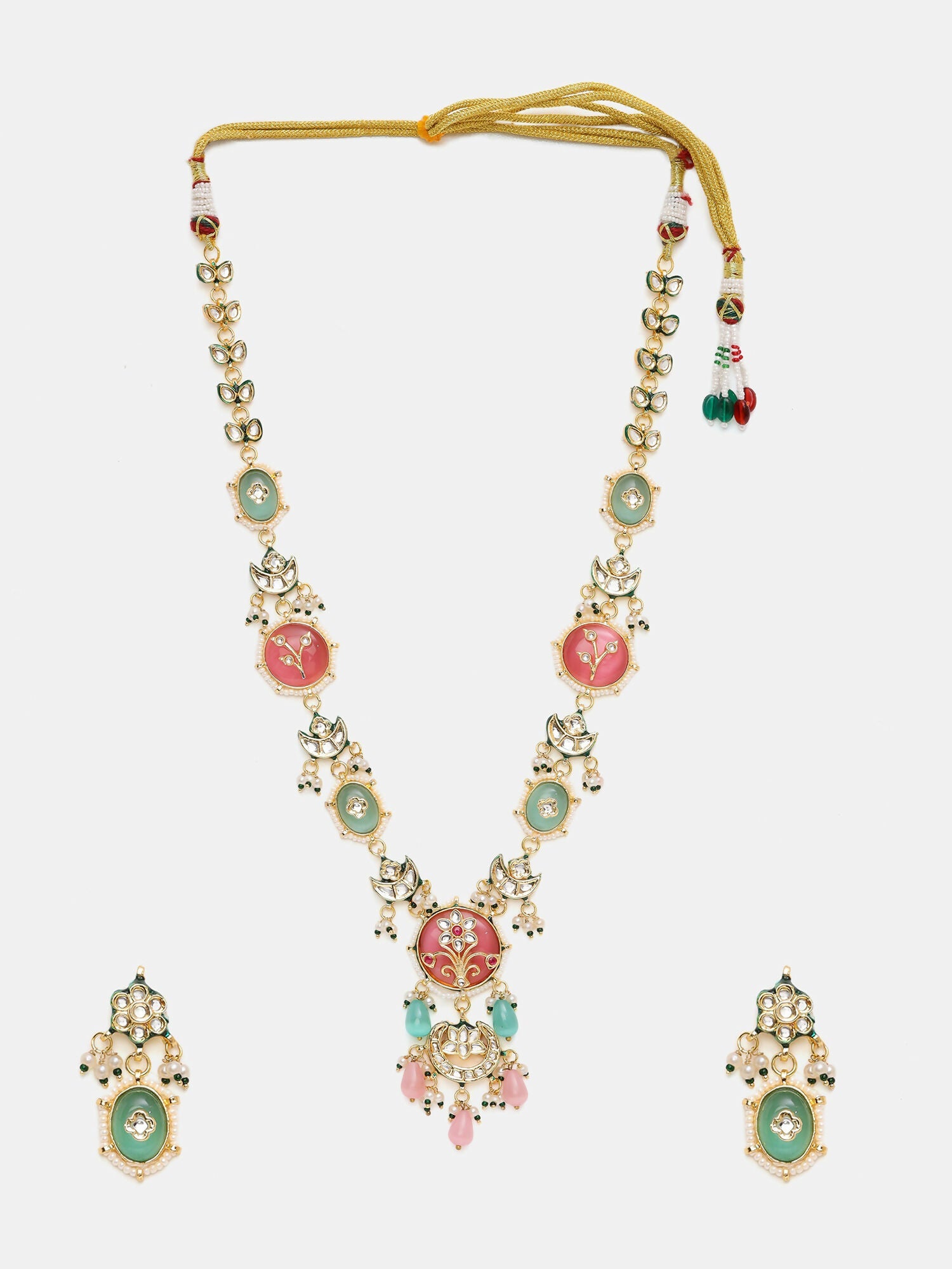Ruby Raang Gold Polished Kundan Work Multi-Color Long Mint Stonework Necklace With Earrings