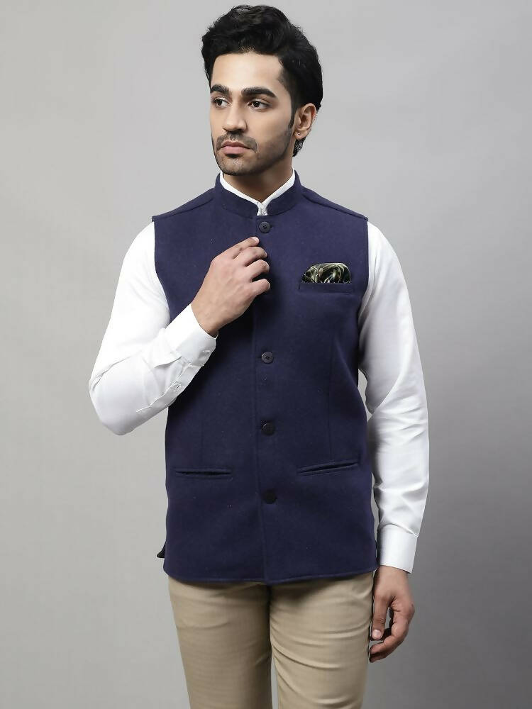 Even Apparels Pure Wool Nehru Jacket - Navy