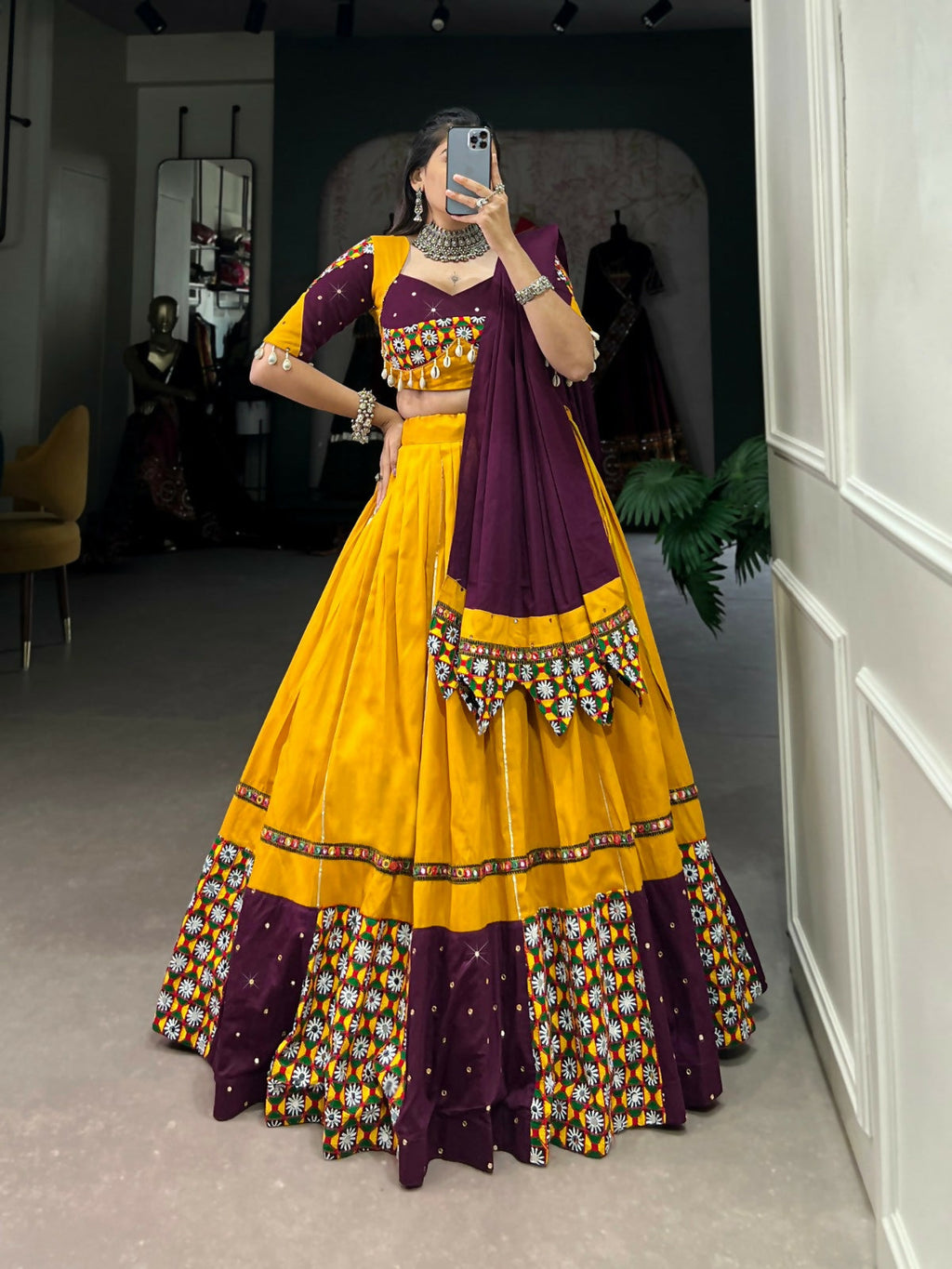 Vastranavya Navaratri Special Pure Cotton Paper Mirror Handwork With Gamthi Work With Gota Patti Touch Up Lehenga with Stitched Blouse - Mustard