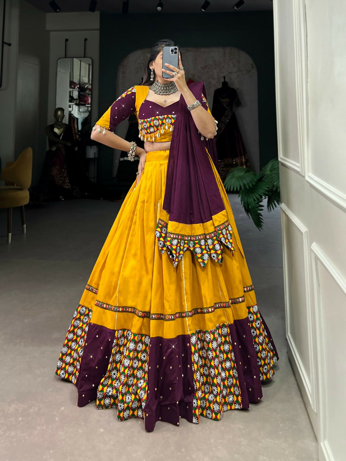 Vastranavya Navaratri Special Pure Cotton Paper Mirror Handwork With Gamthi Work With Gota Patti Touch Up Lehenga with Stitched Blouse - Mustard