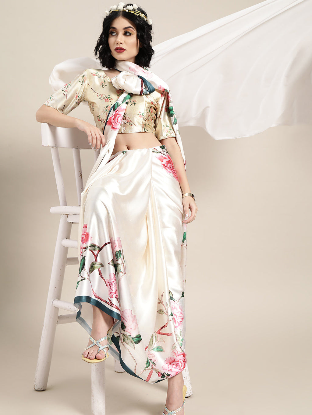 Saree Mall Cream-Coloured & Pink Satin Floral Block Print Saree - Distacart