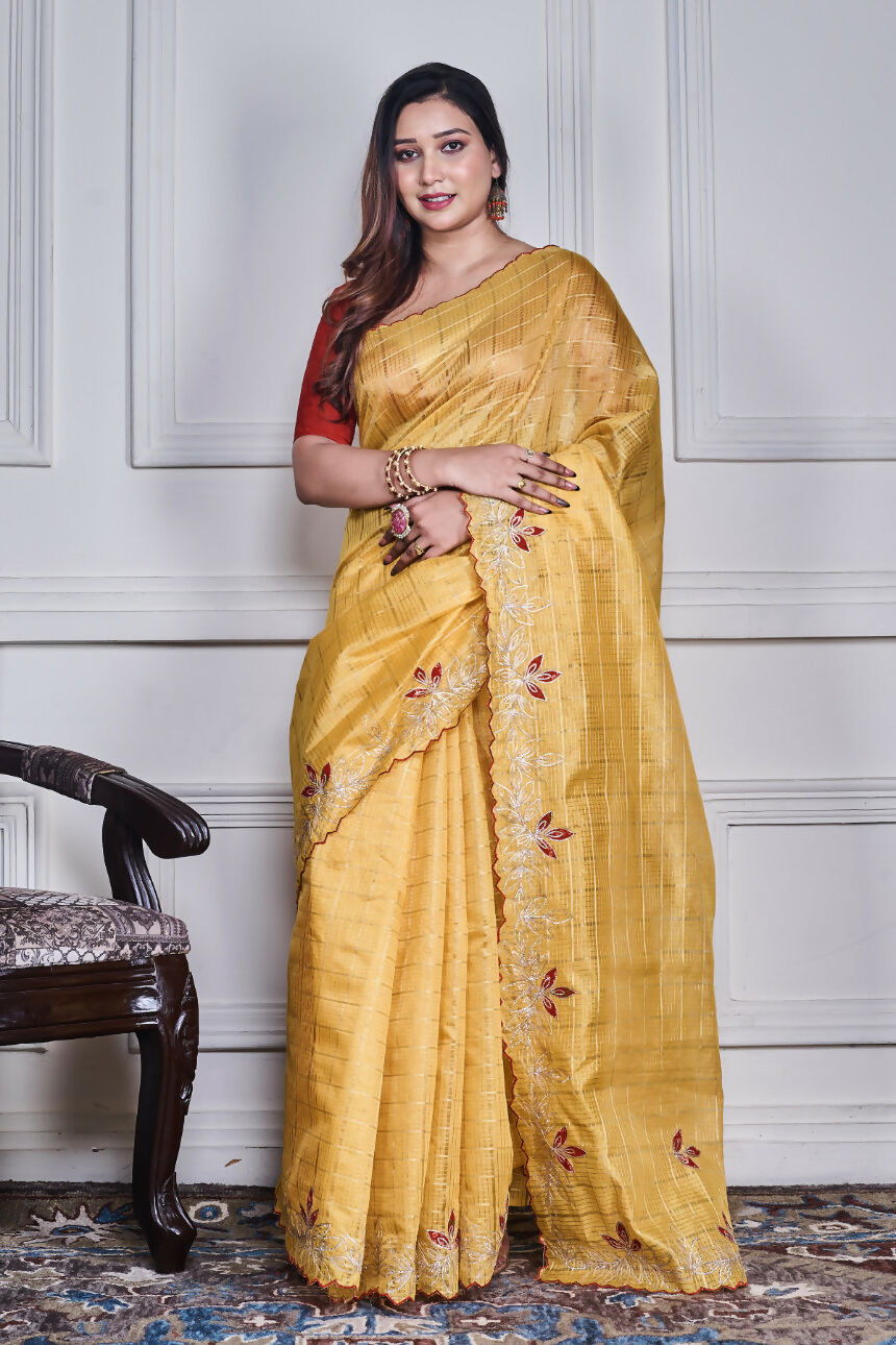 Morchari Yellow Kota Check Zari Embroidery Saree Unstitched Blouse - Distacart